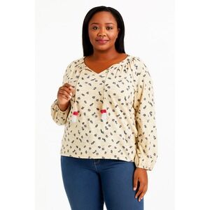 Charter Club Floral Print Split Neck Cotton Top Women's Size L Winter Cottage